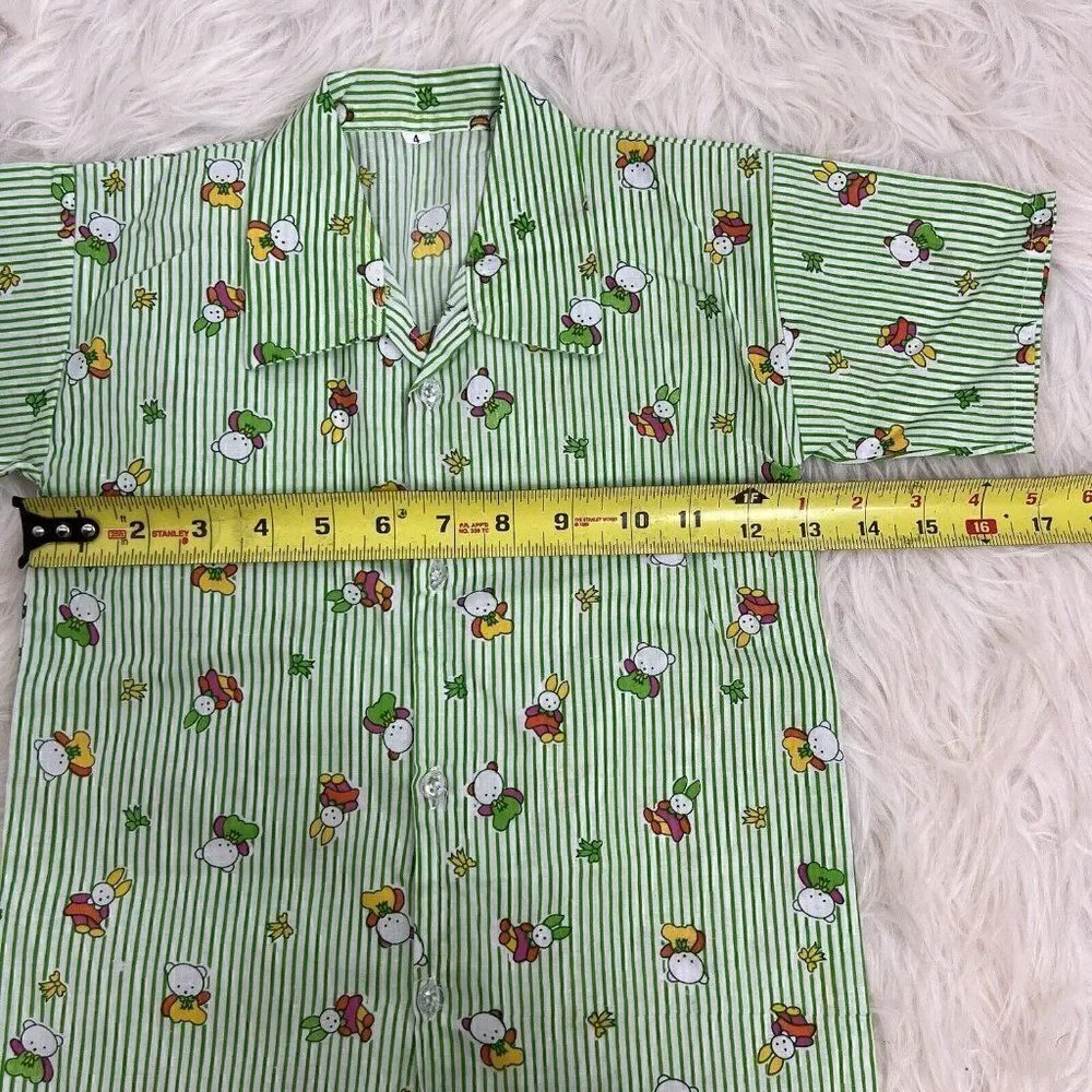 Hello Kitty Girls Vintage Sanrio Green & White Linen Pinstriped Pj Set Size 4